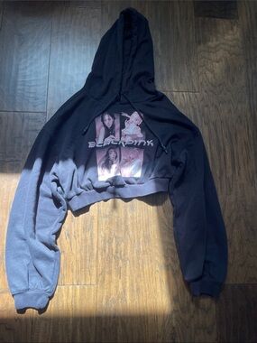 Divided Black Cropped Hoodie with Pink Graphic